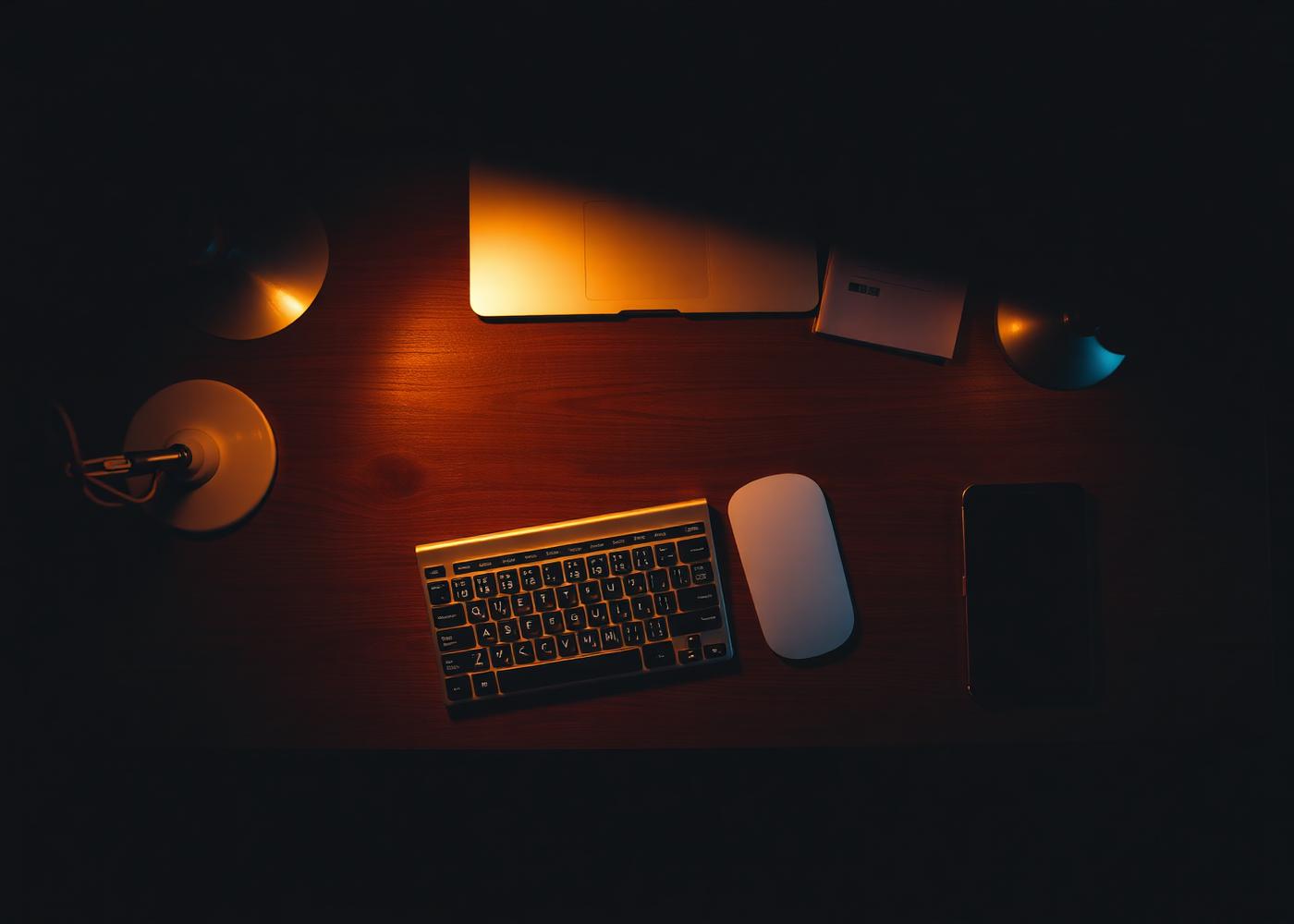 Overhead view of a developer workstation with warm accent light