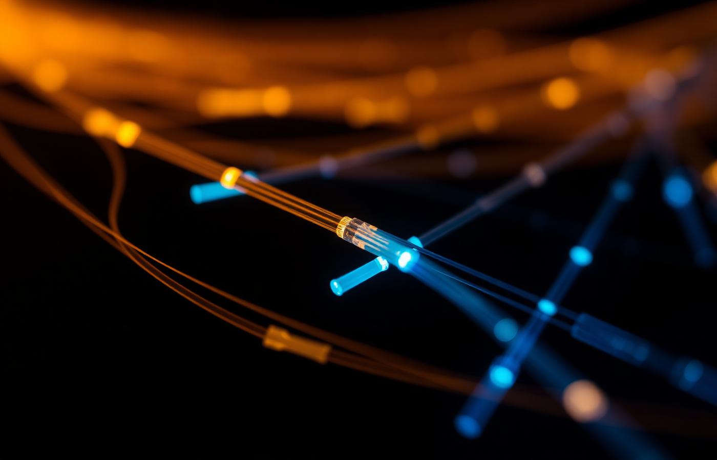 Fiber optic strands glowing amber and blue in a dark field