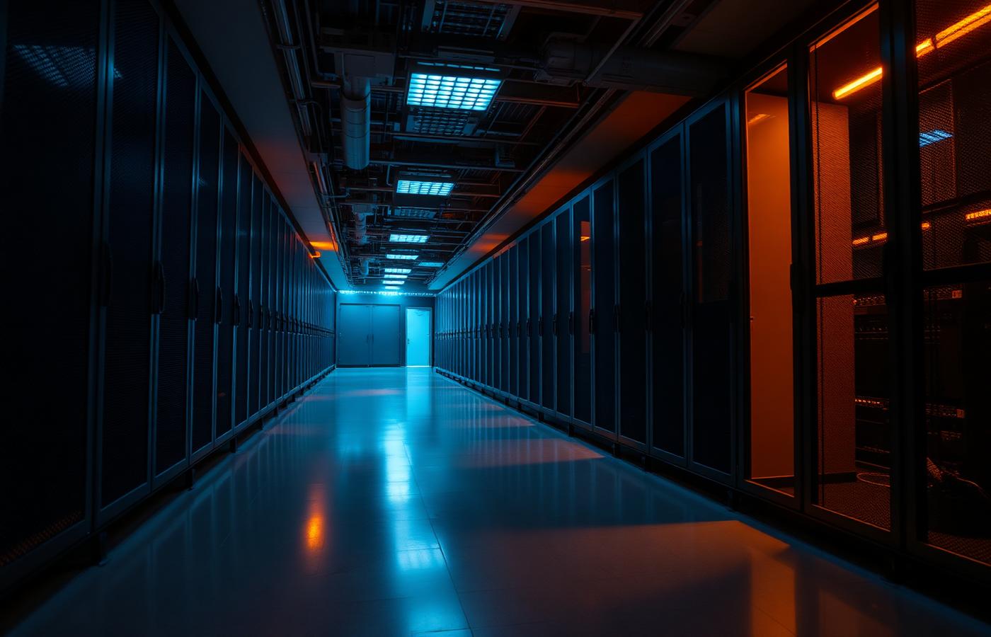 Data center corridor lit by cool blue and warm amber accents